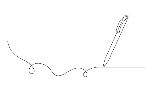 One continuous line drawing of pen writing wave thin stroke. Pencil symbol of study and education concept in simple linear style. Contour icon. Doodle vector illustration.