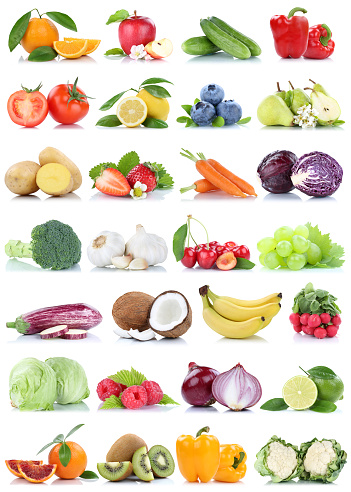 Fruits and vegetables collection isolated apple oranges tomatoes kiwi bell pepper berries fruit on a white background