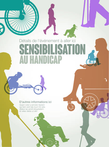 Disability Awareness Template (in French) Group of people representing a diverse range of Disabilities in society. Sensibilisation au handicap, French language, France medical supplies wheelchair medical equipment nursing home stock illustrations