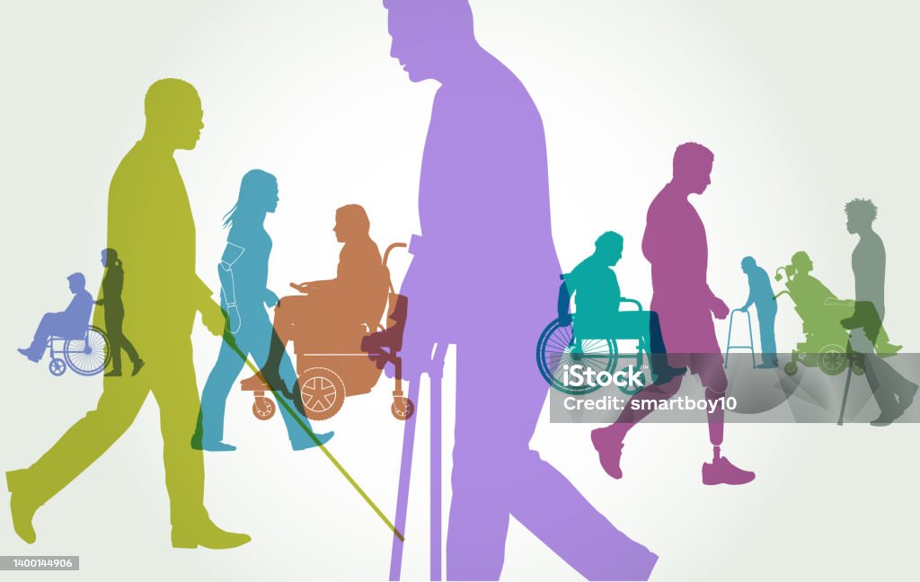 Group of People with Different Disabilities Group of people representing a diverse range of Disabilities in society. Disability stock vector