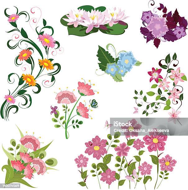 Набор Of Flowers — стоковая векторная графика и другие изображения на тему Абстрактный - Абстрактный, Бабочка, Без людей