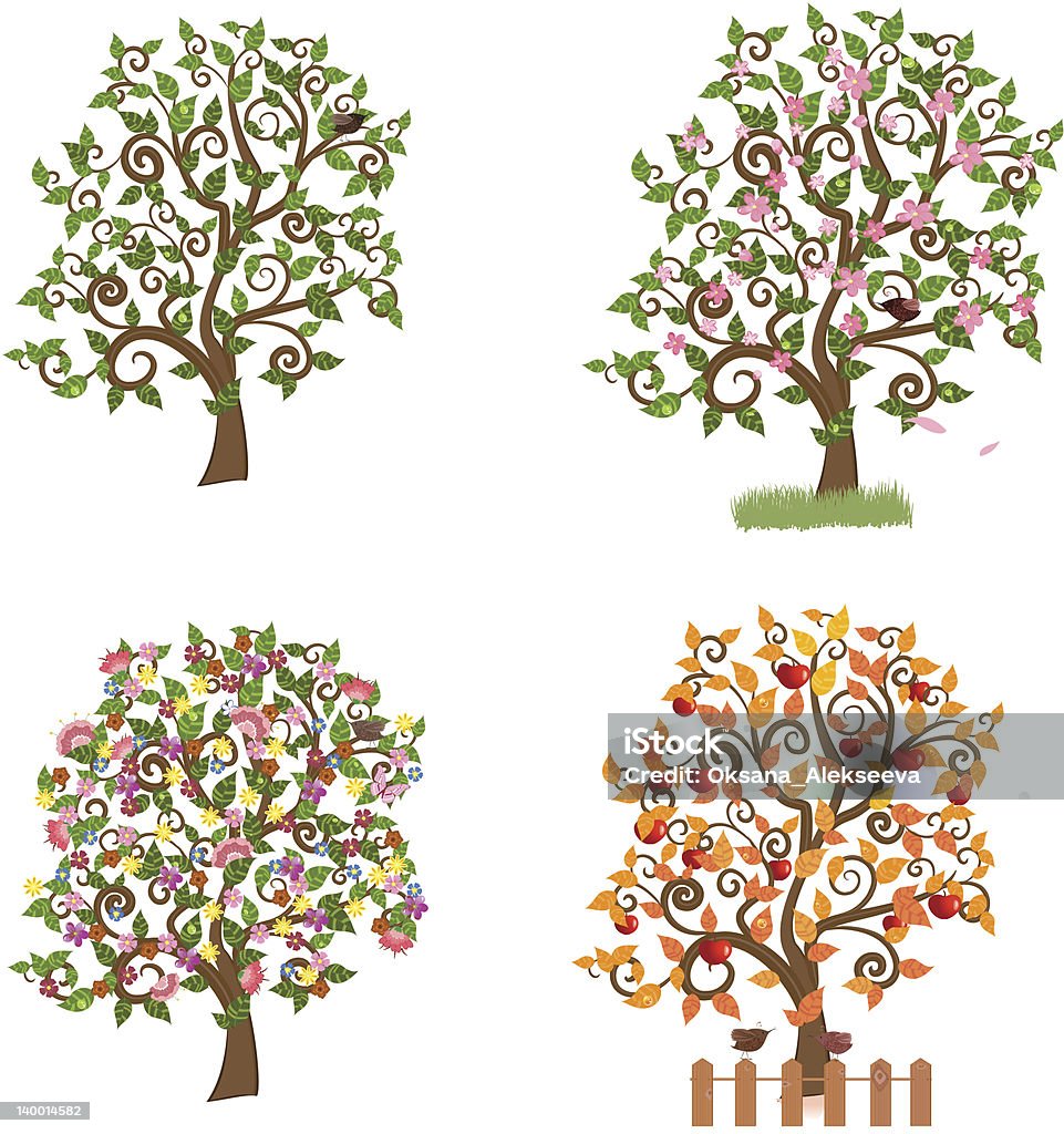 Набор декоративных деревьев Seasons - Векторная графика Абстрактный роялти-фри
