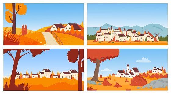 Houses in autumn town or village landscape, Scandinavian neighbourhood vector illustration set. Cartoon cute house cottages and gardens, park and road on hills, European residential area background