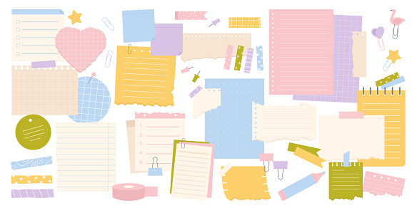 Note paper sheets set vector illustration. Cartoon torn notepaper, empty notepad or notebook pages, paperclip and stickers with adhesive tape collection isolated white. Stationery, scrapbook concept