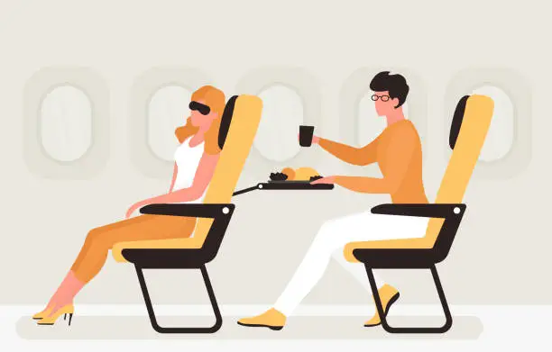 Vector illustration of Passengers sit near window inside airplane, woman sitting with sleep mask, man eating