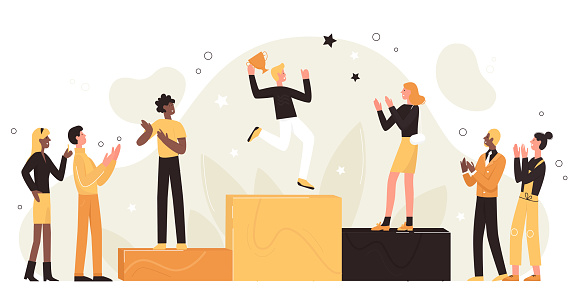 Employees celebrate victory and success win of leader. Cartoon winner of business contest standing on podium, champion holding trophy cup flat vector illustration. Recognition, achievement concept