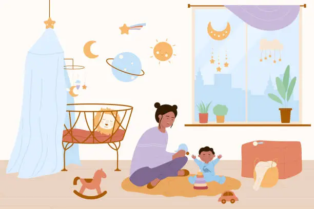 Vector illustration of Happy mother and baby kid play fun game in home nursery, woman and boy sitting on floor