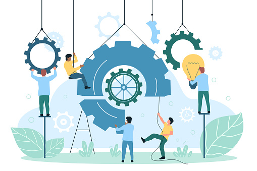 Implementation and integration of innovations into business process. Cartoon tiny engineers and developers work with system of gears, light bulb flat vector illustration. Solution, development concept