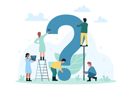 Support for users in technical troubles, work manual and problem solution. Cartoon tiny people paint question mark, characters ask information flat vector illustration. FAQ, helpdesk, advice concept