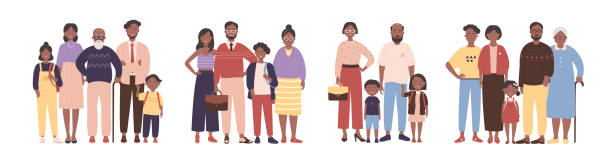 ilustraciones, imágenes clip art, dibujos animados e iconos de stock de conjunto de retratos familiares africanos, grupo de personas felices de diferentes edades de pie juntas - multi generation family