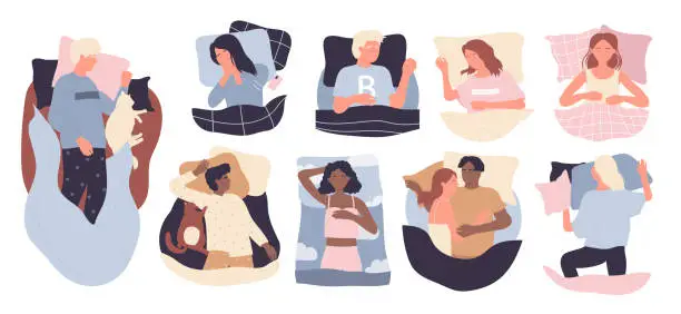 Vector illustration of People in pajamas sleep in bed in different positions at night bedtime, top view set