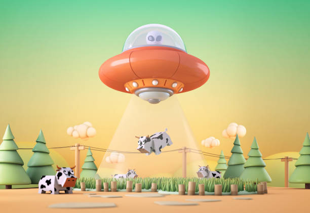 UFO flying with alien and  abduct a cow.3d rendering stock photo