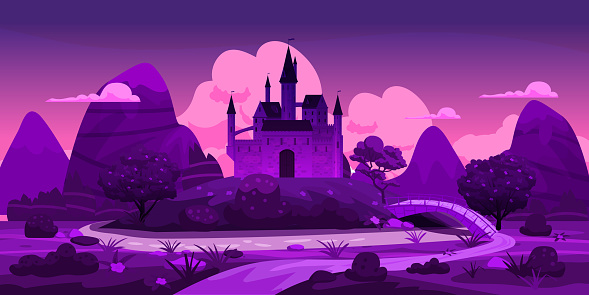 Fantasy fairytale night castle landscape, green hills, trees, spring, mountains, panorama. Vector cartoon background illustration for games gui design