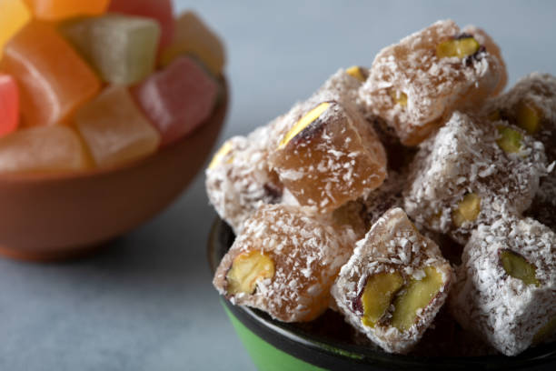 istock Two bowls of multi colored Turkish delight 1400149964