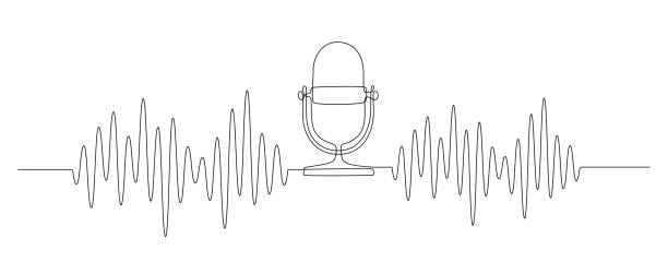 Continuous one line drawing of podcast microphone and sound wave with different amplitude. Vintage mike in simple linear style for banner music, webinar, online training. Doodle vector illustration Continuous one line drawing of podcast microphone and sound wave with different amplitude. Vintage mike in simple linear style for banner music, webinar, online training. Doodle vector illustration. microphone drawings stock illustrations