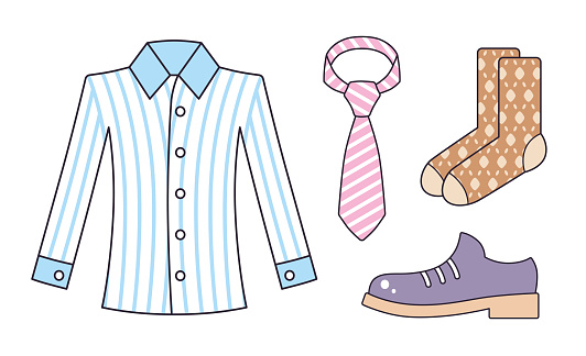 White blue fashionable formal dress shirt, pink striped tie, pair of brown socks, black classic elegant shoe for men, luxury business clothing and accessories isolated cartoon vector icons set.