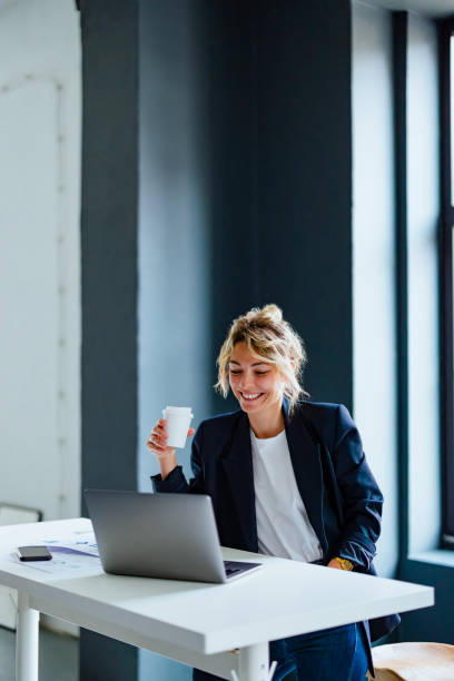 mulher de negócios sorridente trabalhando em um computador portátil em seu escritório - consultant indoors lifestyles technology - fotografias e filmes do acervo