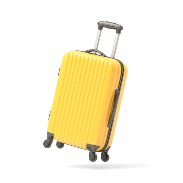 valigia gialla che vola su sfondo bianco - valigia foto e immagini stock