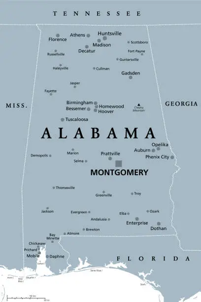 Vector illustration of Alabama, AL, gray political map, US state, The Yellowhammer State