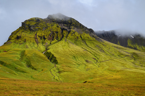 Green mountains and sweeping moorlands on the Skaftafellsheidi hiking trail, Skaftafell, Vatnajökull National Park, Iceland