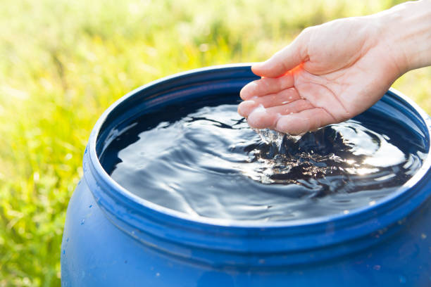 hand touching rain water in barrel hand touching rain water in barrel watering pail stock pictures, royalty-free photos & images