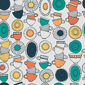 istock Seamless pattern. Hand drawn cups, plates and saucers decorated with patterns in Scandinavian style 1400163979