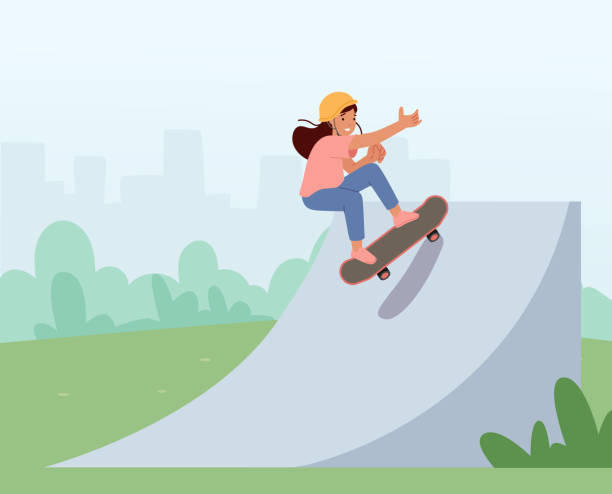ilustrações, clipart, desenhos animados e ícones de hobby de skate infantil. personagem de skate feminino infantil realiza acrobacias em patródromo.garotinha patinando e pulando - skateboard park skateboarding skateboard adolescence