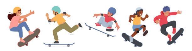 ilustrações, clipart, desenhos animados e ícones de set boys and girls skateboarding activity. crianças patinando no longboard, jump and make stunts and tricks no skate - skateboard park skateboarding skateboard adolescence