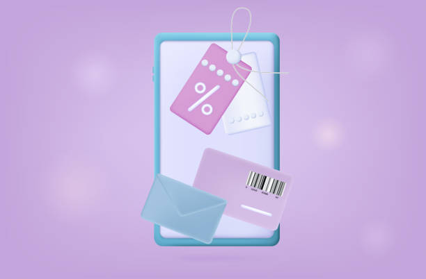 istock 3d discount coupon, phone. Card, gift or certificate in an envelope. Online purchase in the smartphone application, online payment according to the loyalty program. Vector banner with percent icon. 1400164117