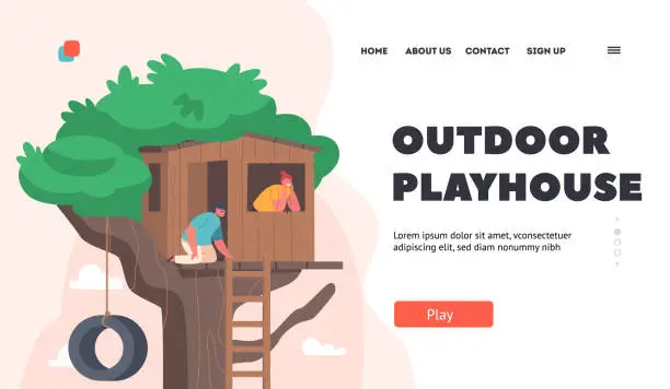 Vector illustration of Outdoor Playhouse Landing Page Template. Little Children Sit on Tree House with Wooden Ladder and Tire on Rope