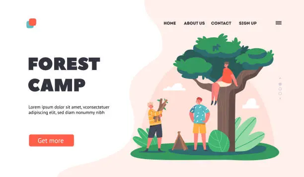 Vector illustration of Forest Camp Landing Page Template. Children Characters Building Hut or Tree House, Little Boys Playing on Nature