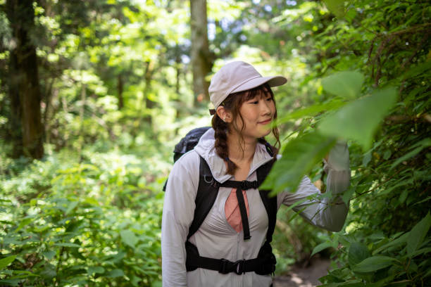 istock Woman looking at leaves during hiking 1400164295