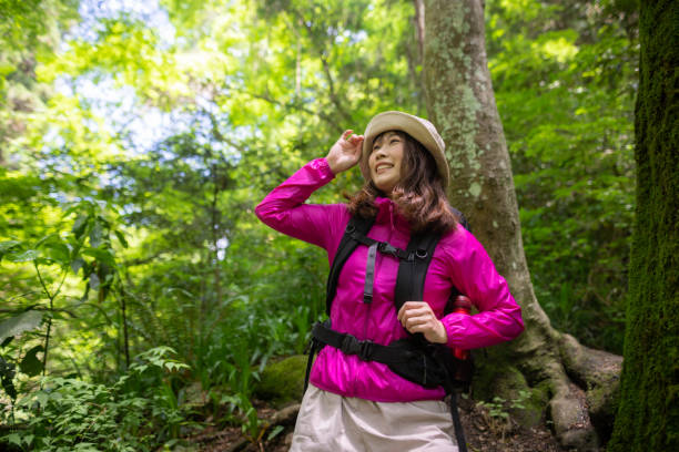 istock Happy woman looking at view in forest 1400164378
