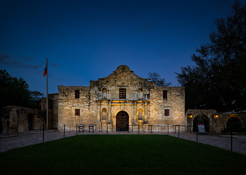 San Antonio, Texas, USA - April 28, 2022: Evening at the Alamo, originally called Mission San Antonio de Valero, now a National Historic Landmark.