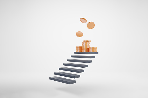 Stairs with coins icon falling minimal style on white background. 3d money with business growth and savings concept. 3D render illustration.