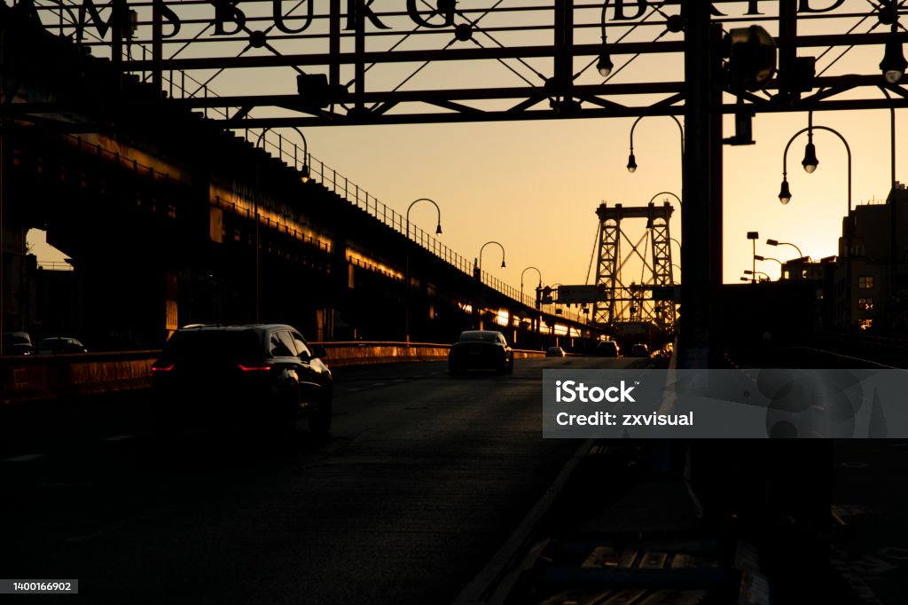 Williamsburg Bridge Sunset Sunset behind the Williamsburg Bridge in Brooklyn. Williamsburg Bridge Stock Photo