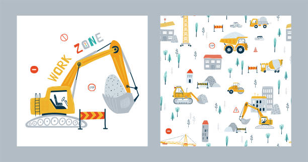 Set seamless patterns and print construction vehicles. Illustrations with yellow dump truck, crane and bulldozer for kid. Vector Set seamless patterns and print elements construction vehicles. Illustrations with yellow dump truck, crane and bulldozer for kid. Vector construction vehicle stock illustrations