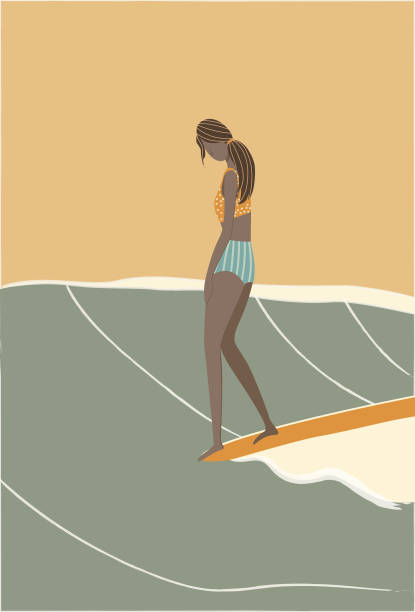 롱보드에서 서핑하는 서퍼 소녀의 플랫 일러스트레이션 - beach surfing bikini retro revival stock illustrations