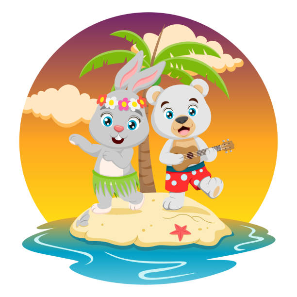 ilustraciones, imágenes clip art, dibujos animados e iconos de stock de lindo conejito y oso polar en vacaciones de verano - rabbit baby rabbit hare standing