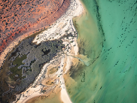 Aerial view of water and sand patterns in Shark Bay Western Australia