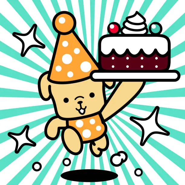 Vector illustration of A cute dog wearing a party hat is carrying a cake and running toward the camera