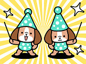 istock Two cute dogs wearing a party hat are holding a pointer stick and giving a presentation and standing with one hand on the hip 1400173019