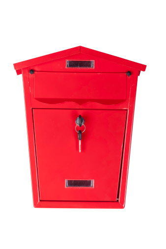 UK United kingdom red mailbox postbox with white copy space