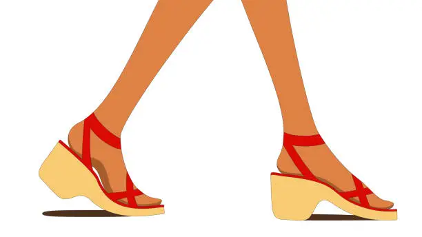 Vector illustration of Illustration of feet of tanned young female walking in heeled sandals