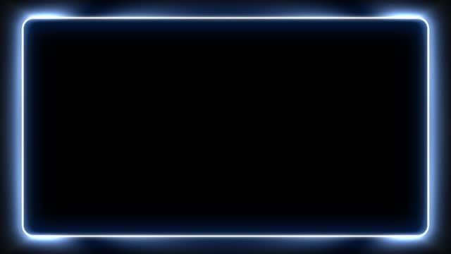 Neon colorful rectangular frame with shining effects on black background with copy space. Empty glowing techno backdrop. Seamless looping. Video animated background.