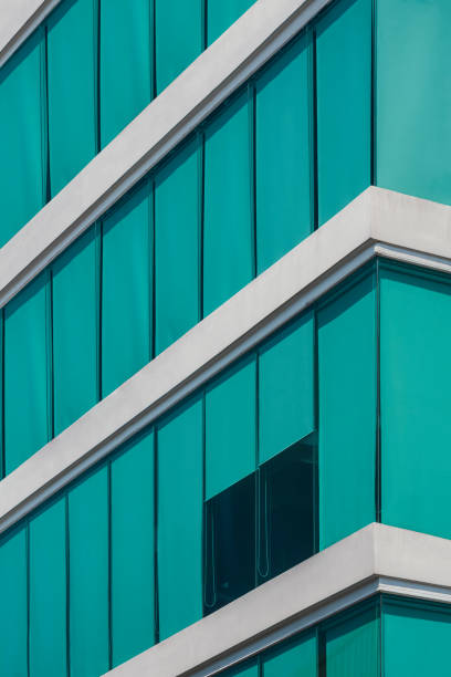 istock Blue roller blinds inside of modern glass office building in minimal style and vertical frame 1400179087