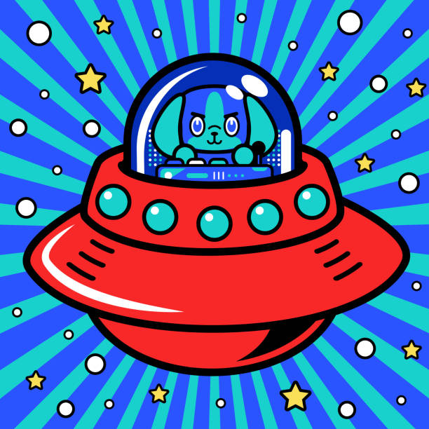 ilustraciones, imágenes clip art, dibujos animados e iconos de stock de un astronauta perro genial está pilotando una nave espacial de poder ilimitado u ovni en el metaverso - robot manga style cute characters