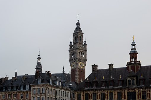 Lille, France – February 2018 – Architectural detail of the Place du Général-de-Gaulle, urban public space in the municipality of Lille in the French department of Nord in the Hauts-de-France region. It's the capital of the Hauts-de-France region, the prefecture of the Nord department, and the main city of the European Metropolis of Lille.