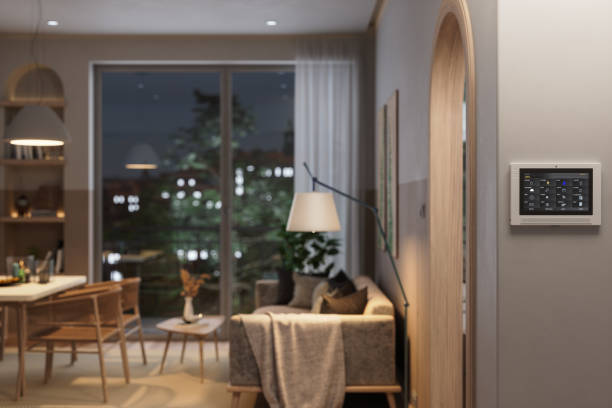 smart home automation system with in living room with blurred background - huisverwarming fotos stockfoto's en -beelden