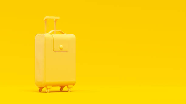 istock Minimal concept. Yellow leather suitcase on yellow background. 1400185404